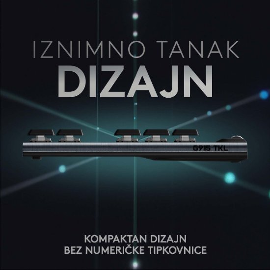 Tipkovnica LOGITECH Gaming G915 TKL Tenkeyless Lightspeed Linear, RGB, mehanička, bežična, UK Layout, USB, crna