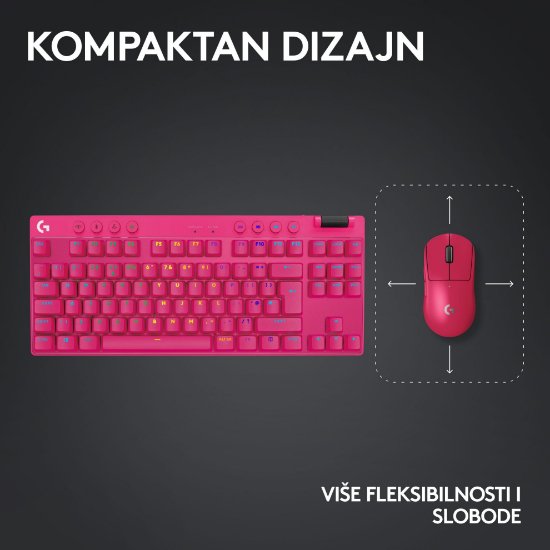 Tipkovnica LOGITECH G Pro X TKL LIGHTSPEED, mehanička, tactile, bežična, RGB, roza