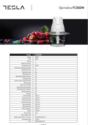 Sjeckalica TESLA FC302W, 400 W, 1,2 l, 4 oštrice, staklo, bijela