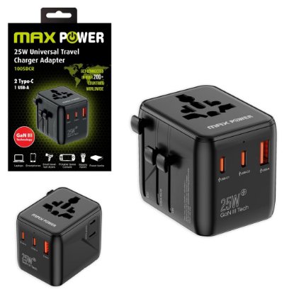 Putni adapter MAXPOWER 1005DCR GaN, 2x USB-C PD, USB-A, 25W, crni