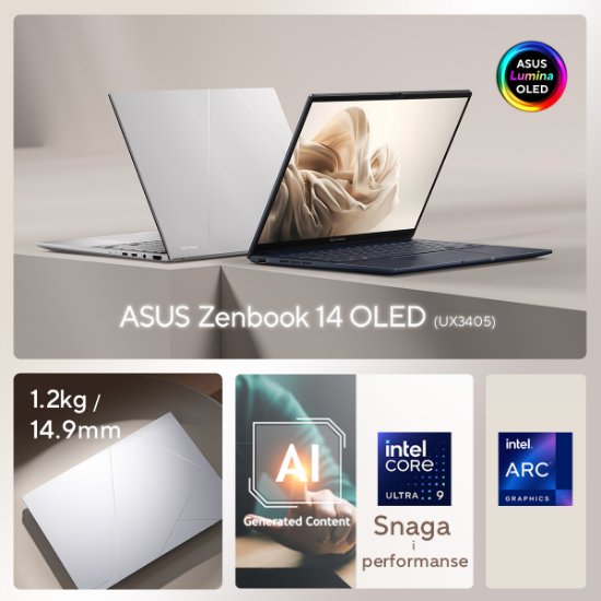 Laptop ASUS Zenbook UX3405CA-PZ067X / Core Ultra 9 285H, 32GB, 1TB SSD, Intel HD Graphics, 14" 2,8K 120Hz OLED, Windows 11 Pro, srebrni