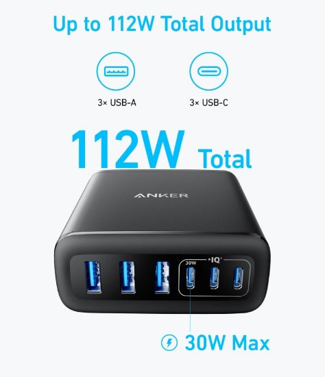 Stolni punjač ANKER GaN A2154G11, 3x USB-C, 3x USB-A, 112W, organizator kabela, crni