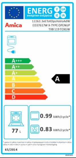 Ugradbena pećnica AMICA ED37617W, X type, 77 l, energetski razred A, bijela
