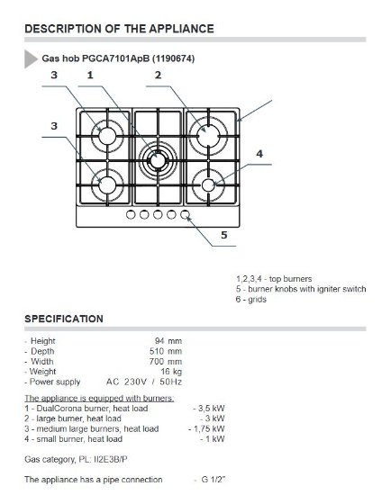 Ugradbena ploča AMICA PGCA7101APB, plinska, 70 cm, 5 plamenika, WOK, staklokeramika, crna