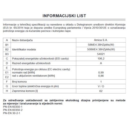 Kombinirani štednjak AMICA 58ME4.38HZpMs(W), 50 cm, 3+1, 62 l, Energetskia klasa A, bijeli