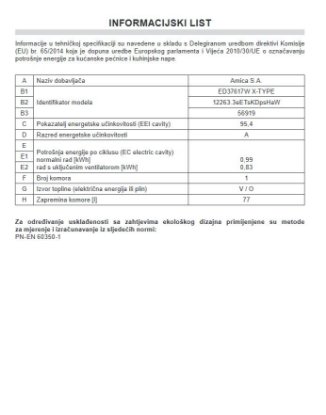 Ugradbena pećnica AMICA ED37617W, X type, 77 l, energetski razred A, bijela