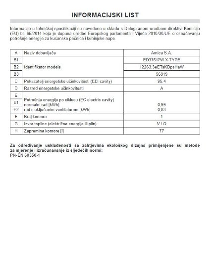 Ugradbena pećnica AMICA ED37617W, X type, 77 l, energetski razred A, bijela