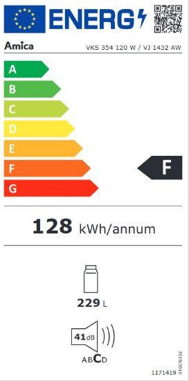 Hladnjak AMICA VKS 354 120 W, bez ledenice, 143 cm, 229 l, energetski0 razred F, bijeli