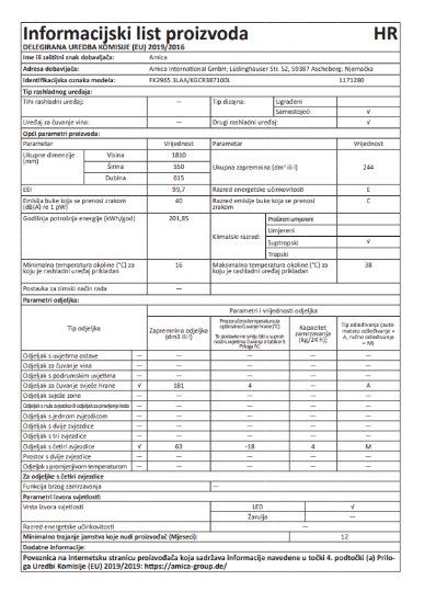 Hladnjak AMICA FK2965.3LAA, kombinirani, 181 cm, No frost, 181/63 l, SoftClose, energetski razred E, plavi