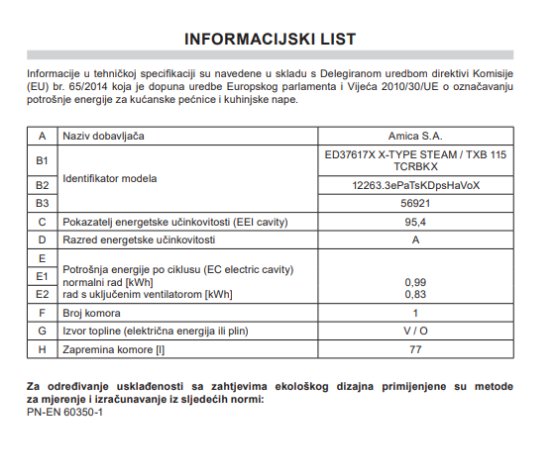 Ugradbena pećnica AMICA ED37617X, katalitička, 77 l, energetski razred A, inox