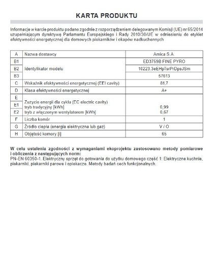 Ugradbena pećnica AMICA ED3759B, FINE DESIGN, piroliza, 65 l, energetski razred A+, crna