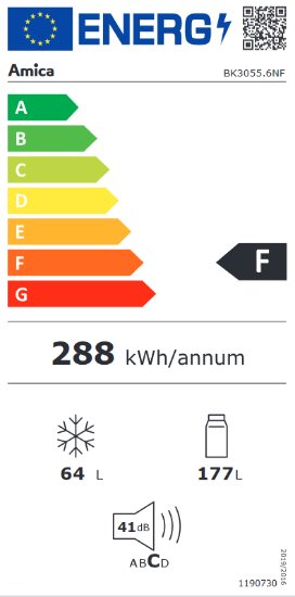 Ugradbeni hladnjak AMICA BK3055.6NF, kombinirani, 177 cm, 177/64 l, NoFrost, energetski razred F, bijeli