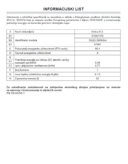 Ugradbena pećnica AMICA 10222.3EHbSm Fine Design, 62 l, parno čišćenje, energetski razred A, crna mat