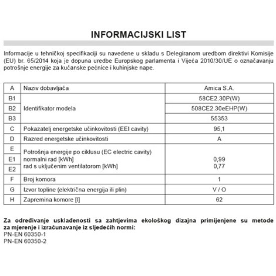 Električni štednjak AMICA 58CE2.30P(W), 50 cm, 4 zone, 62 l, energetski razred A, bijeli