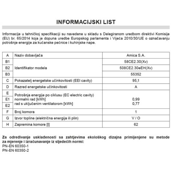 Električni štednjak AMICA 58CE2.30(Xv), 50 cm, 4 zone, 62 l, energetski razred A, inox