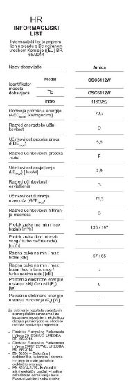 Klasična kuhinjska napa AMICA OSC6112W, 60 cm, 193 m3/h, energetski razred C, bijela