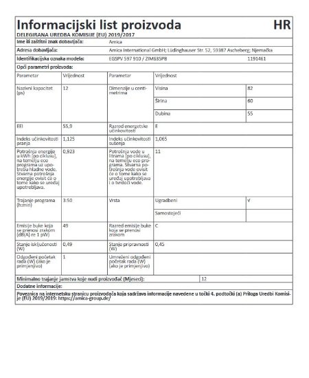 Ugradbena perilica posuđa AMICA EGSPV 597 910, potpuno ugradbena, 60 cm, 12 kompleta, energetski razred E
