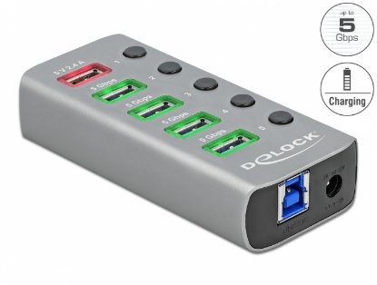 USB HUB DELOCK, 4 USB-A 3.2 Gen 1, 1 USB-A za punjenje, sklopka za uključivanje/isključivanje pojedinog utora