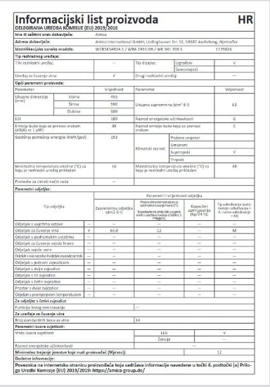 Ugradbeni hladnjak za vino AMICA WCB1K54B24.1, 24 boce, 45 cm, 63 l, energetski razred G, crni