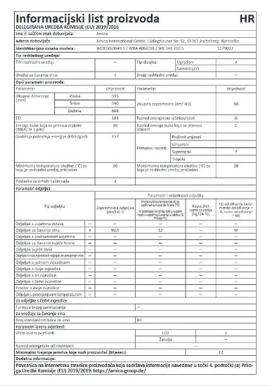 Ugradbeni hladnjak za vino AMICA WCB1K60B40.1, 40 boca, 59 cm, 90 l, energetski razred G, crni