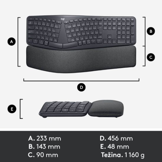 Tipkovnica LOGITECH Ergo K860, ergonomska, bežična, crna