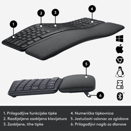 Tipkovnica LOGITECH Ergo K860, ergonomska, bežična, crna