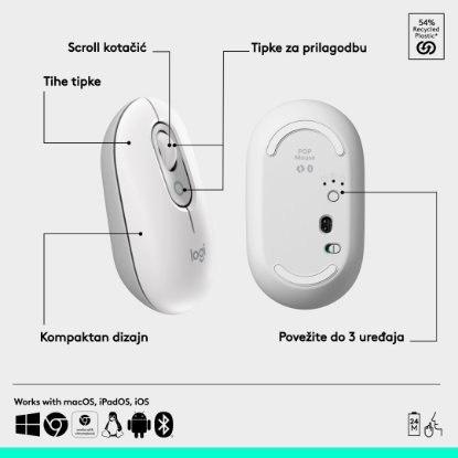 Miš LOGITECH POP, optički, bežični, USB, BT, 1000dpi, bijeli