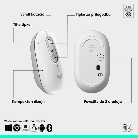 Miš LOGITECH POP, optički, bežični, USB, BT, 1000dpi, bijeli