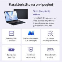 IZLOŽBENI - Laptop ASUS VivoBook 16 X1607QA-MB005W / Snapdragon Purwa SE, 16GB, 512GB SSD, Qualcomm Adreno, 16" WUXGA IPS, Windows 11, plavi