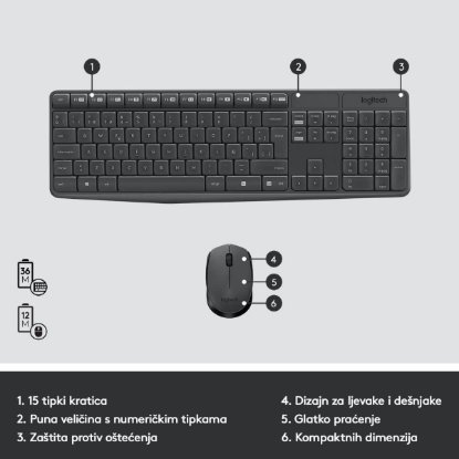 Tipkovnica + miš LOGITECH MK235 Wireless Desktop, bežična, siva, USB