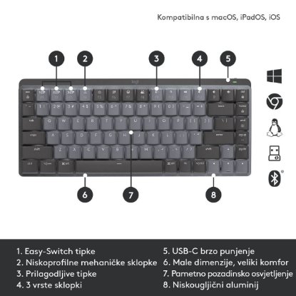 Tipkovnica LOGITECH MX Mechanical Mini Tactile Quiet, bežična, BT, crna