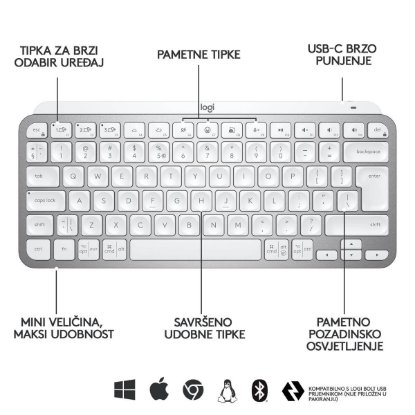 Tipkovnica LOGITECH MX Keys mini, bežična, BT, srebrna