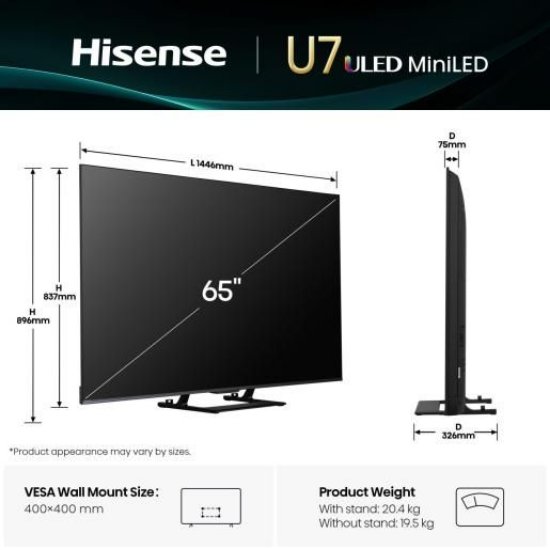 Mini-LED TV 65" HISENSE 65U7Q, Smart TV, 4K UHD, DVB-T2/C/S2, USB, Wi-Fi, BT, crni - energetski razred E