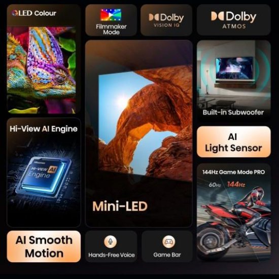 Mini-LED TV 65" HISENSE 65U7Q, Smart TV, 4K UHD, DVB-T2/C/S2, USB, Wi-Fi, BT, crni - energetski razred E