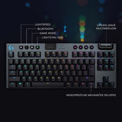 Tipkovnica LOGITECH Gaming G915 TKL Tenkeyless Lightspeed Linear, RGB, mehanička, bežična, UK Layout, USB, crna