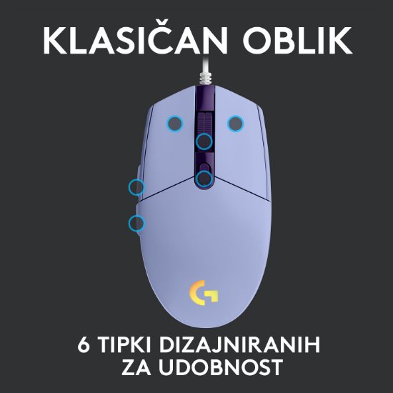 Miš LOGITECH Gaming G102 Lightsync, optički, 8000dpi, lilac, USB