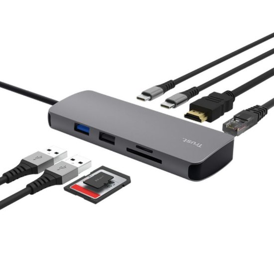 Docking station TRUST Dalyx, 8 u 1, USB-C na 2x USB 3.1, 2xUSB-C, HDMI, LAN, Card Reader