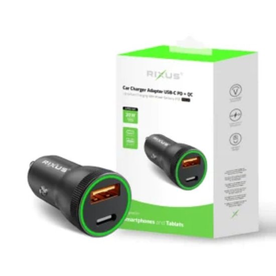Auto punjač RIXUS RXCC11, 20W 1xUSB-A, 1xUSB-C, crni