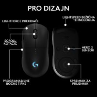 Miš LOGITECH Pro 2 Lightspeed, RGB, optički, bežični, 32000dpi, crni