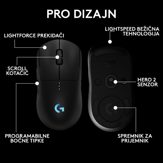 Miš LOGITECH Pro 2 Lightspeed, RGB, optički, bežični, 32000dpi, crni
