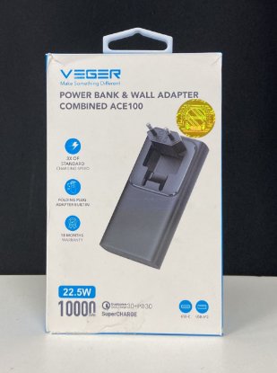 RABLJENI - Mobilni USB punjač VEGER ACE100, 10000 mAh, ugrađena EU utičnica, crni