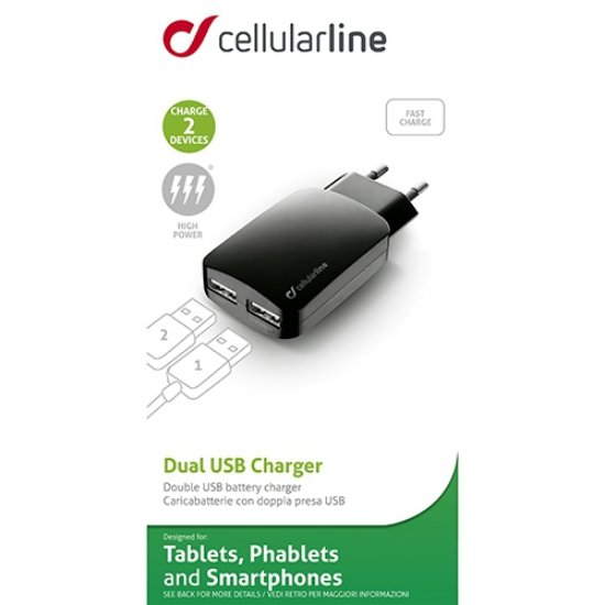 Kućni punjač CELLULARLINE, 2x USB, 3A, crni