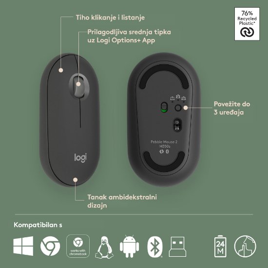 Tipkovnica + miš LOGITECH Pebble 2 Combo, bežična, crna