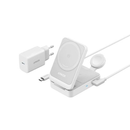 Bežični punjač ANKER MagGo 15W, stalak, MagSafe, 3u1 za Apple iPhone, Watch i AirPods, bijeli