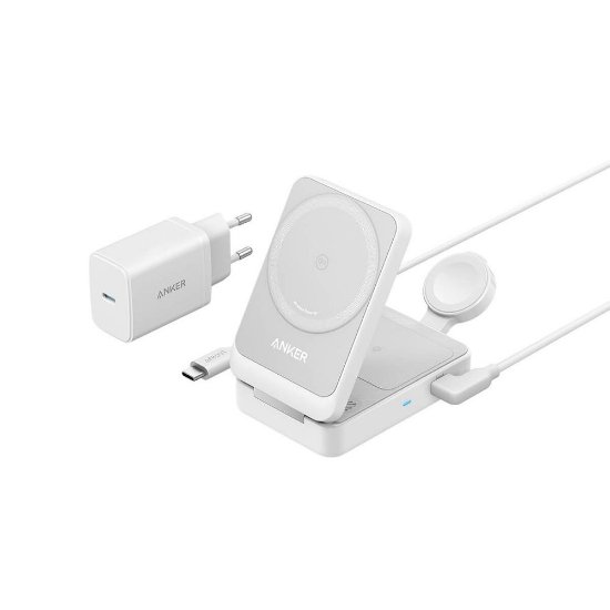 Bežični punjač ANKER MagGo 15W, stalak, MagSafe, 3u1 za Apple iPhone, Watch i AirPods, bijeli