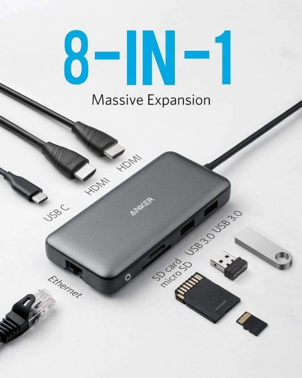 Docking station ANKER PowerExpand A83800A1, USB-C na 2x USB 3.2 Gen 1, USB-C, 2x HDMI, LAN, čitač kartica, sivi
