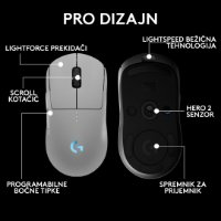 Miš LOGITECH Pro 2 Lightspeed, RGB, optički, bežični, 32000dpi, bijeli
