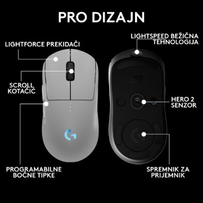 Miš LOGITECH Pro 2 Lightspeed, RGB, optički, bežični, 32000dpi, bijeli