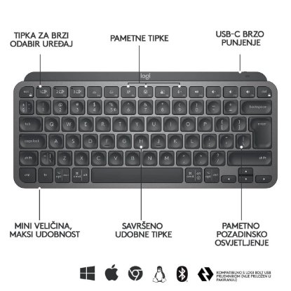 Tipkovnica LOGITECH MX Keys mini, bežična, BT, siva