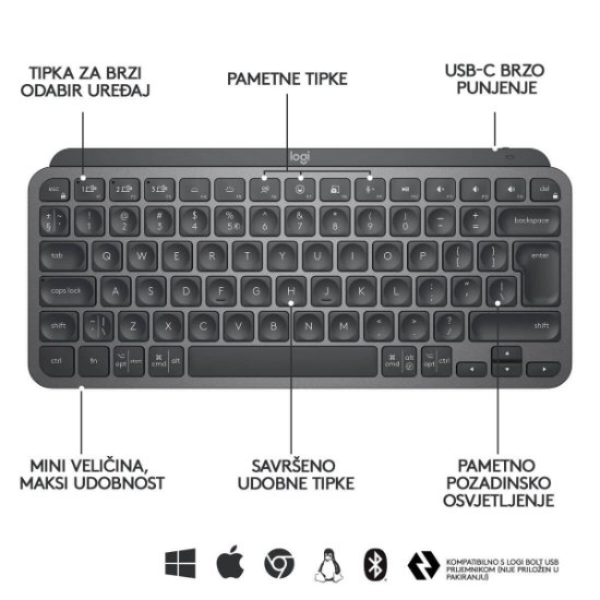 Tipkovnica LOGITECH MX Keys mini, bežična, BT, siva